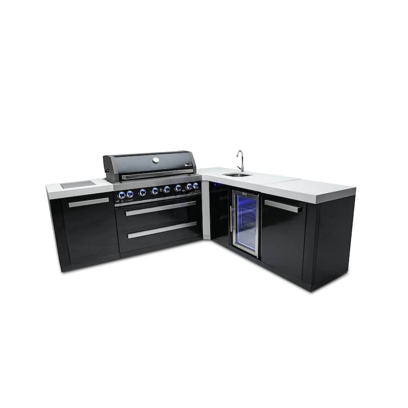 Mont Alpi MAi805-BSS90BEV 6-Burner L-Shaped Black Stainless Steel Modular Outdoor Kitchen Island BBQ Grill with Beverage Center - Black - Natural Gas/Propane Gas