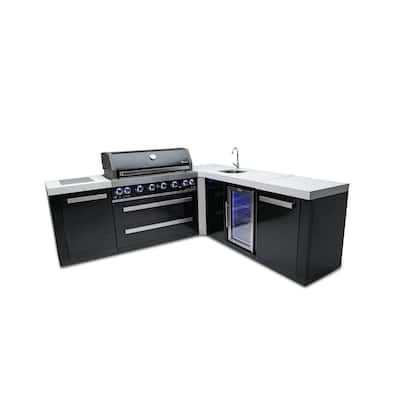 Mont Alpi MAi805-BSS90BEV 6-Burner L-Shaped Black Stainless Steel Modular Outdoor Kitchen Island BBQ Grill with Beverage Center