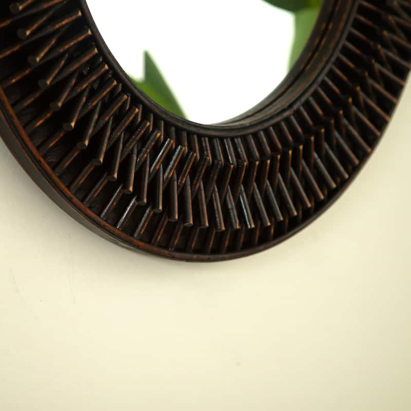 Aura Dark Bamboo Natural Log-Style Circle Wall Mirror - Bathroom, Bedroom, Living Room - Dark Brown,Silver