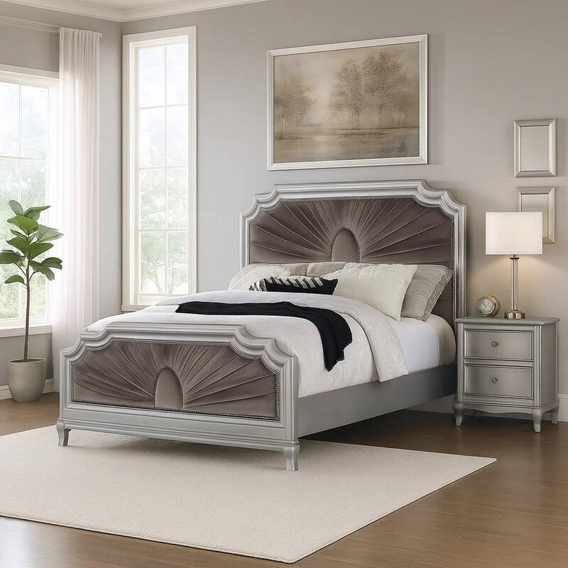 Xan Queen Bed, Silver Wood, Gray Pleated Velvet Upholstery