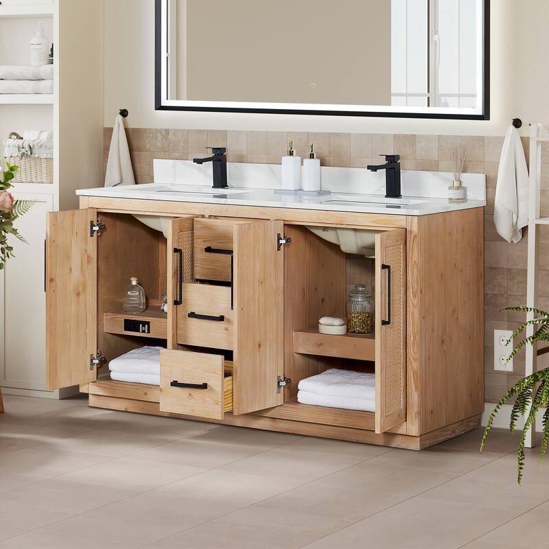 Floral Single Bathroom Vanity in Light Brown with Calacatta White Quartz Countertop without Mirror