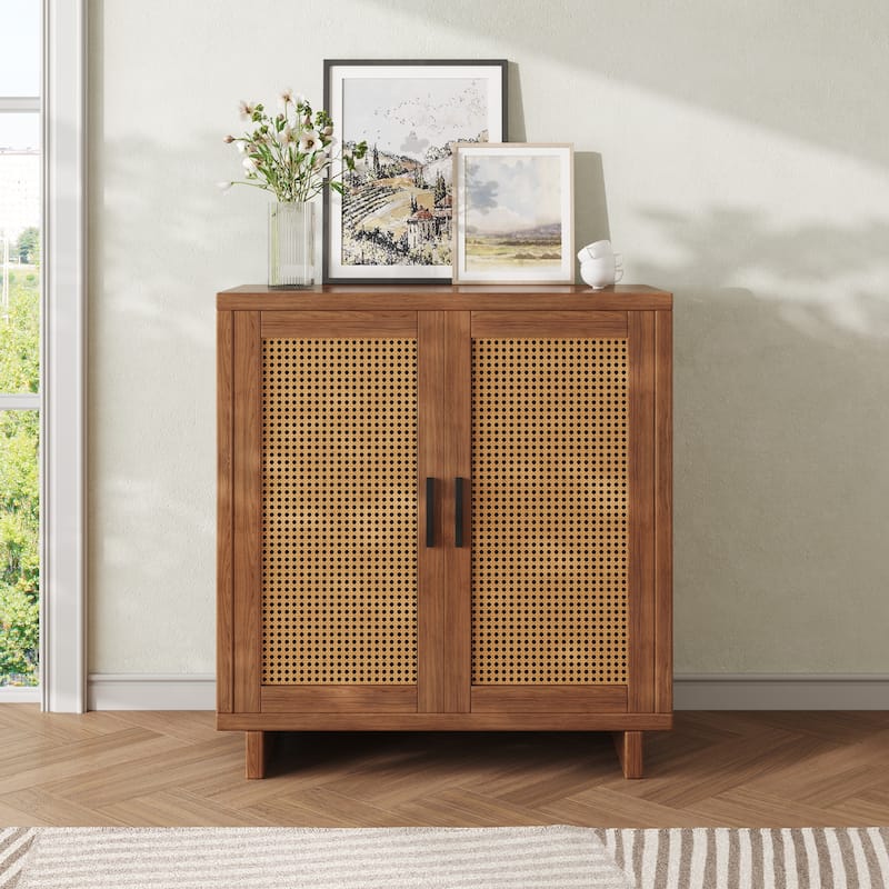 Mid-Century Modern Rattan Sideboard Storage Accent Cabinet with 2 Door