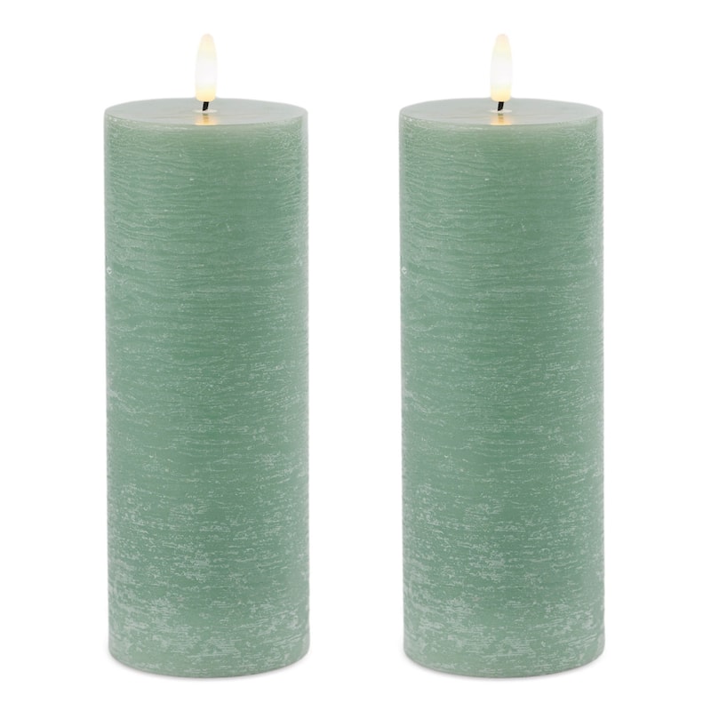 Set of Two Green Flameless Pillar Candles