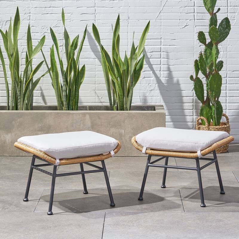 Roomfitters Outdoor Rattan Ottomans with Cushions, Set of 2 Footrests for Patio or Balcony Seating