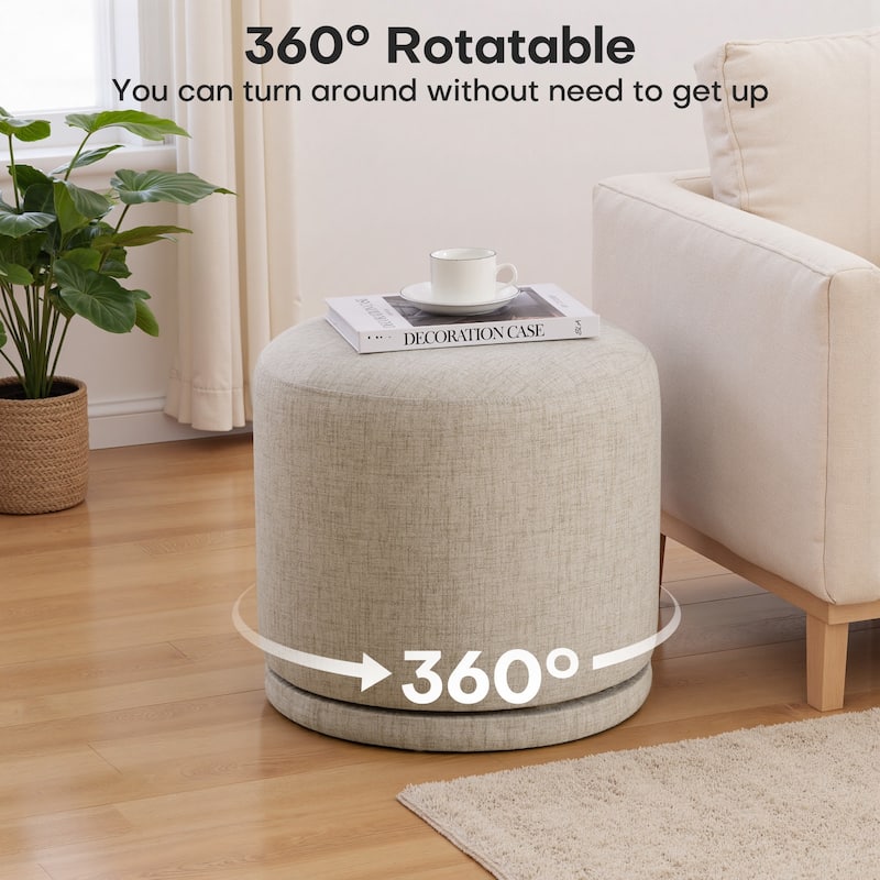 Fully Assembled Linen Round Swivel Ottoman Footstool with Acacia Hardwood Frame