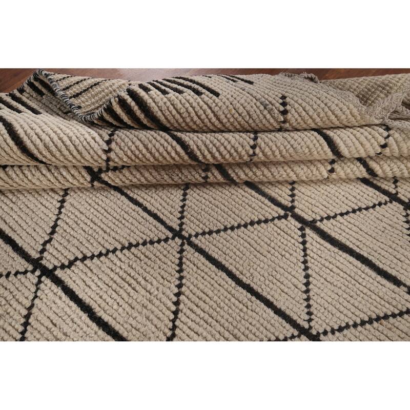 Trellis Moroccan Area Rug Hand-Knotted Oriental Beige Wool Carpet - 6'11"x 10'3"