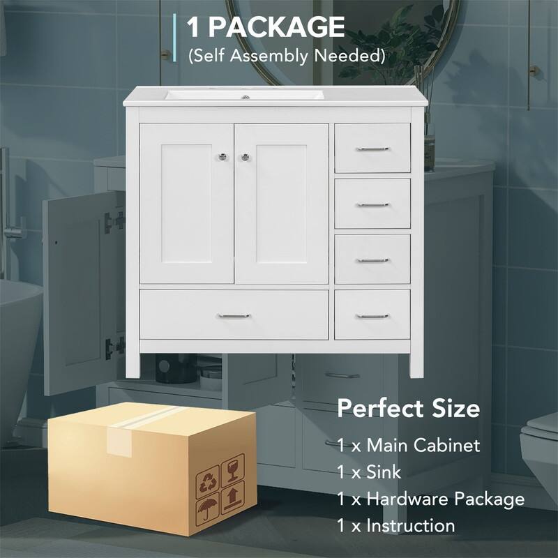 36'' Bathroom Vanity with Ceramic Sink Combo, Modern Bathroom Vanity Cabinet with 2 Soft Close Doors and 5 Storage Drawers