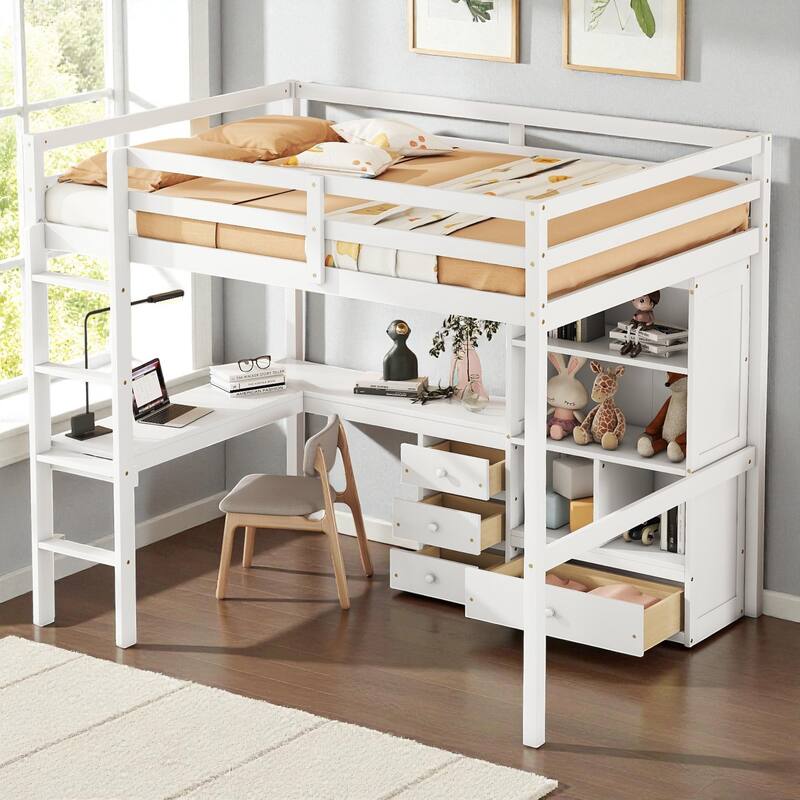 Full Size Loft Bed with Desk, Drawers and Shelves, Solid Pine Wood Frame with Built-in Ladder and Guardrails