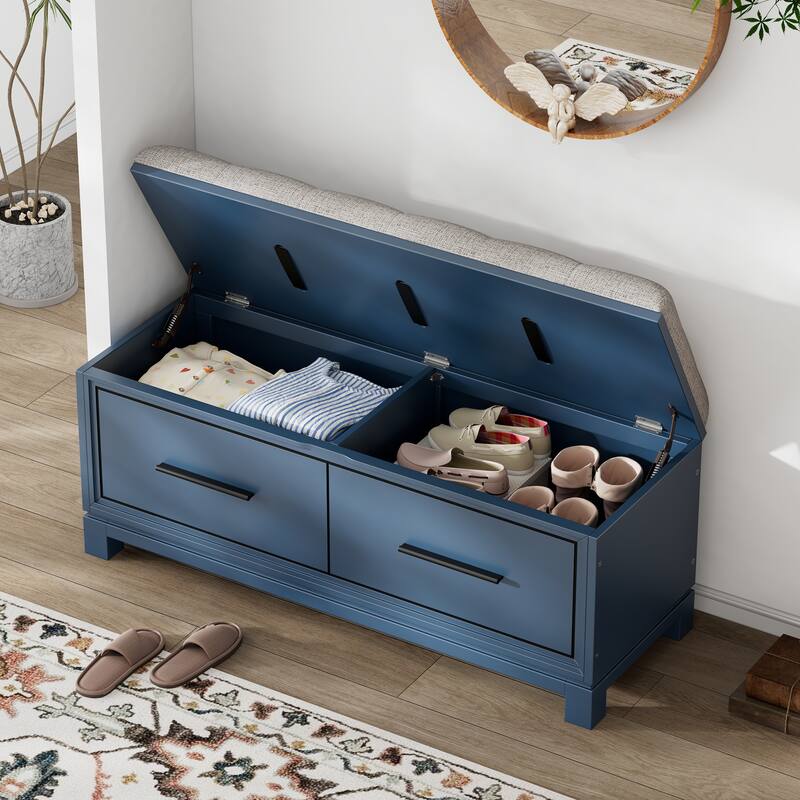 Shoe Bench with Removable Cushion and Hidden Storage - Navy