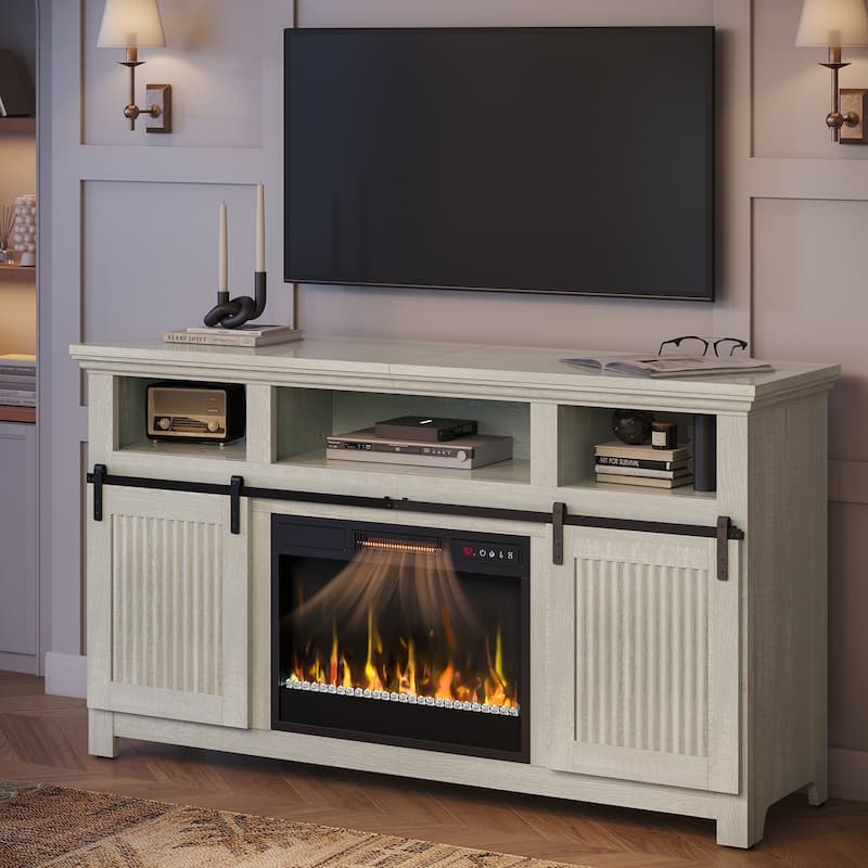 Bestier 60'' Fireplace TV Stand with Electric Fireplace Heater & Storage Cabinet for TVs up to 65 Inch - White