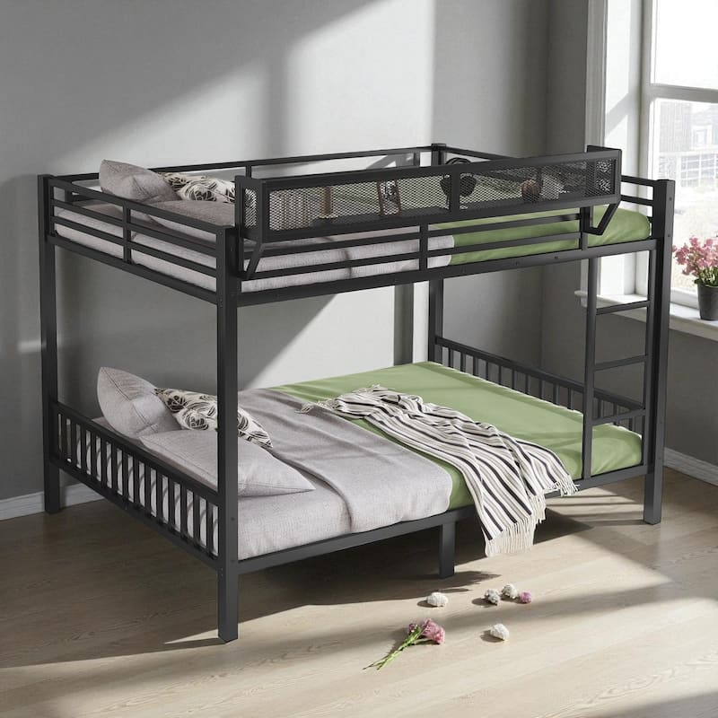 Queen Over Queen Metal Bunk Bed with Ladder and Storage Shelf, Heavy-Duty Bunk Frame for Adults and Teens