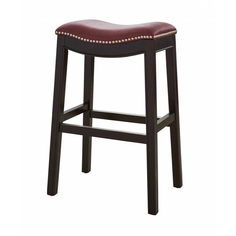 Linen Saddle Seat Bar Stool with Nail Head Trim and Footrest - Dark Red and Espresso-30-Inch