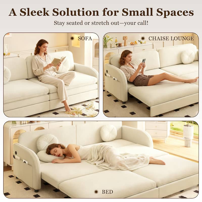Homy Casa 3-in-1 Convertible Sleeper Sofa Bed, Pull-Out Couch w/ USB, Side Pocket & 4 Pillows, Chenille, 2/3/4-Seat