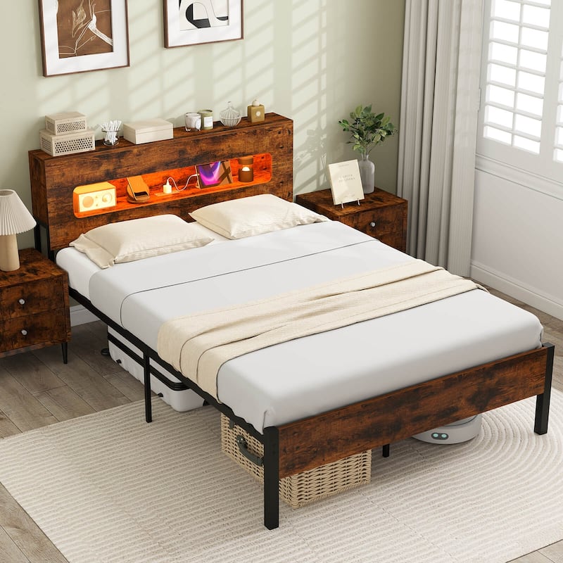 Costway Full Bed Frame with LED Lights Storage Headboard Power Outlets