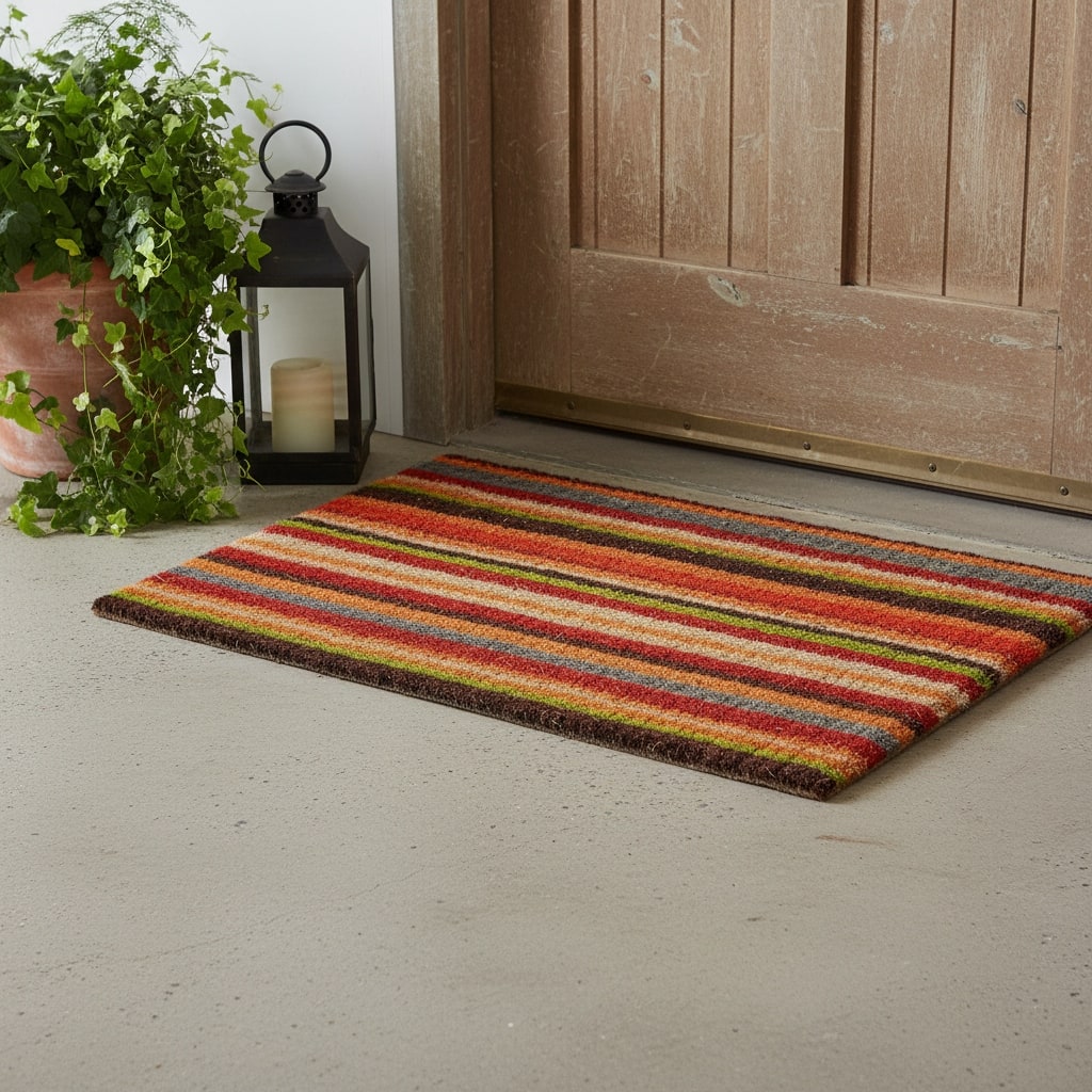 HomeRoots 24" X 36" Red Orange And Green Variegated Stripe Outdoor Coir Door Mat - 24.00' X '36.00