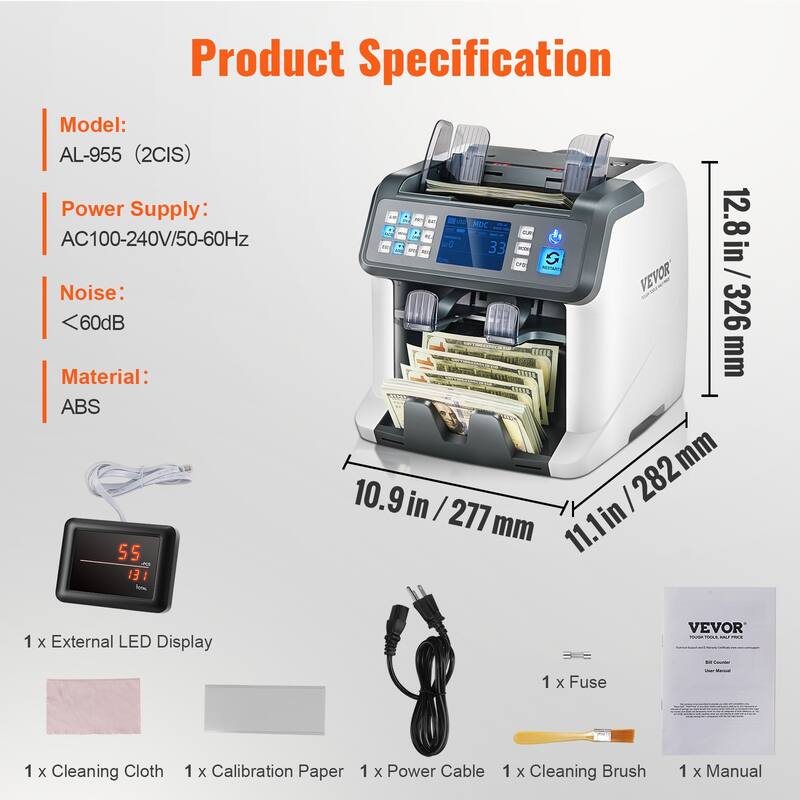 VEVOR Money Counter Machine, Bill Counter with UV, MG, IR and DD Counterfeit Detection