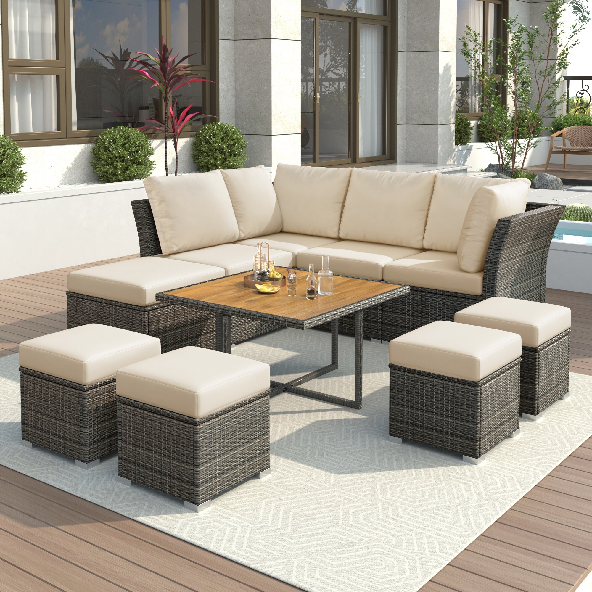 10 Piece Patio Furniture Set with Modular Outdoor Sofa Coffee Table and Ottomans Solid Wood Tabletop for Outdoor Seating