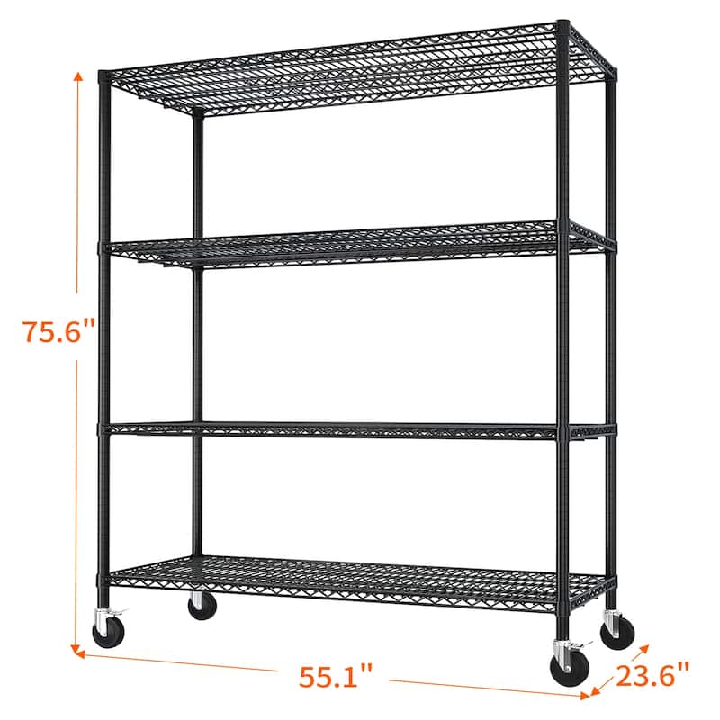 Black Adjustable 4-Layer Metal Storage Rack with Lockable Casters for Home and Commercial Use