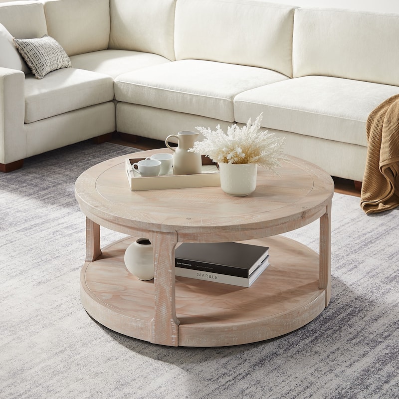 Mid-Century Rustic Style 40inch Large Curved 2 Tier Round Circle Wooden Center Coffee Table - Oak