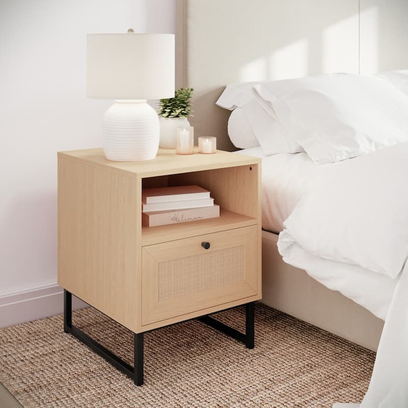 Mid-Century Modern Side Table with Storage Drawer and Shelf - 17"W x 19"D x 22"H - Natural