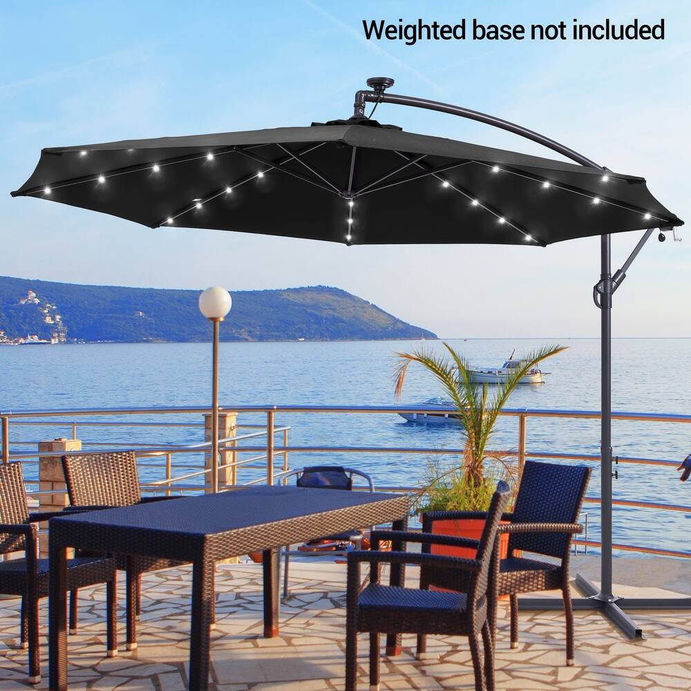 10Ft LED Patio Offset Umbrella Hanging Circle Umbrellas,w/Cross Base