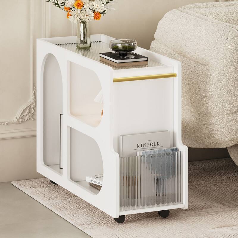 Mobile End Table with Thick Fluted Tempered Glass, Narrow Side Table with Lockable Wheels and Open Storage Compartments