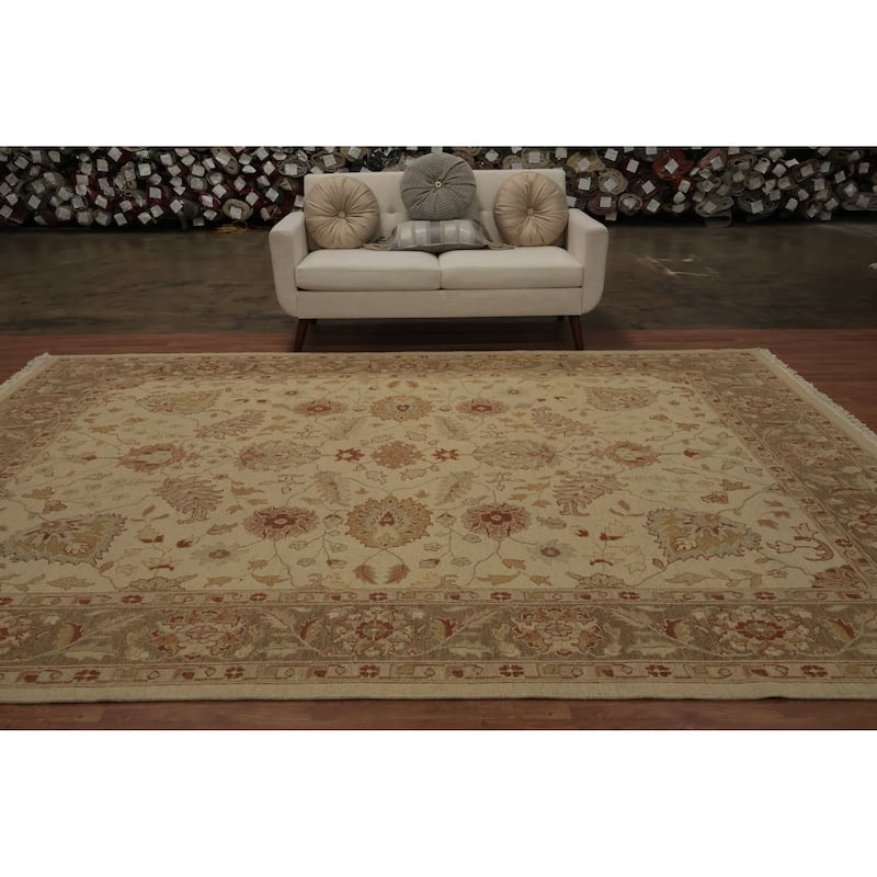 Hand Knotted Oriental 100% Wool Carpet Transitional All-Over Beige & Ivories Oushak Area Rug - 11' 10'' X 8' 9''