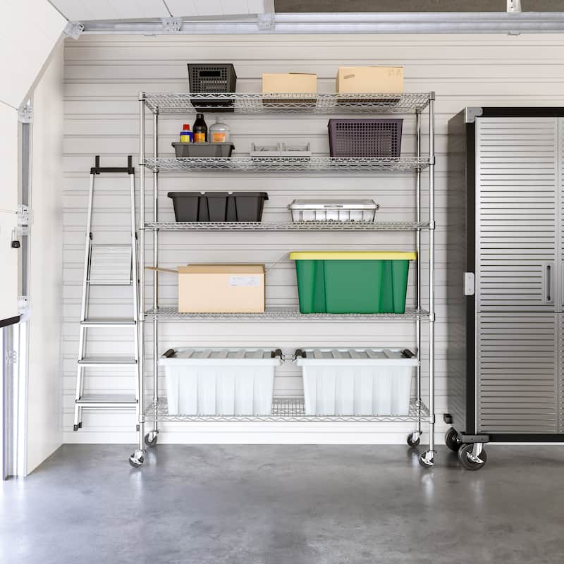 Seville Classics 60 in W x 18 in D x 75 in H UltraDurable Commercial-Grade 5-Tier Steel Wire Shelving with Wheels