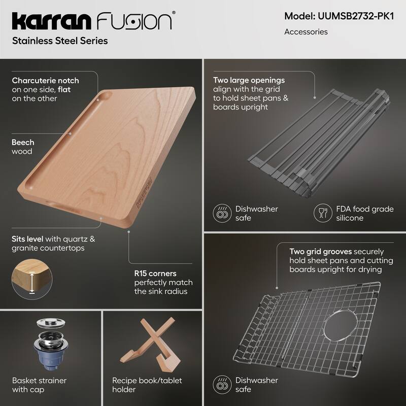 Karran Fusion Undermount 27-in x 18-in Stainless Steel Single Bowl Workstation Kitchen Sink