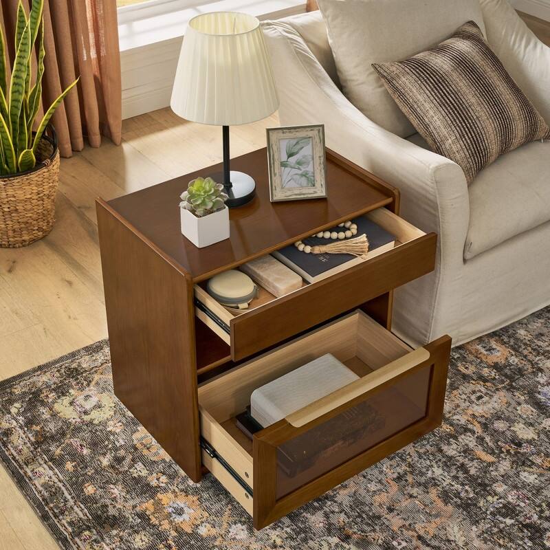 Mid Century Modern 2-Drawer Nightstand with Charging Station and Open Shelf for Bedroom Storage and Convenience