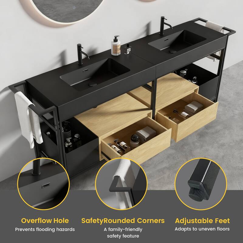 GDFStudio - Forte Industrial Metal Frame Bathroom Vanity with Artificial Stone Basin, Towel Rack & Open Storage