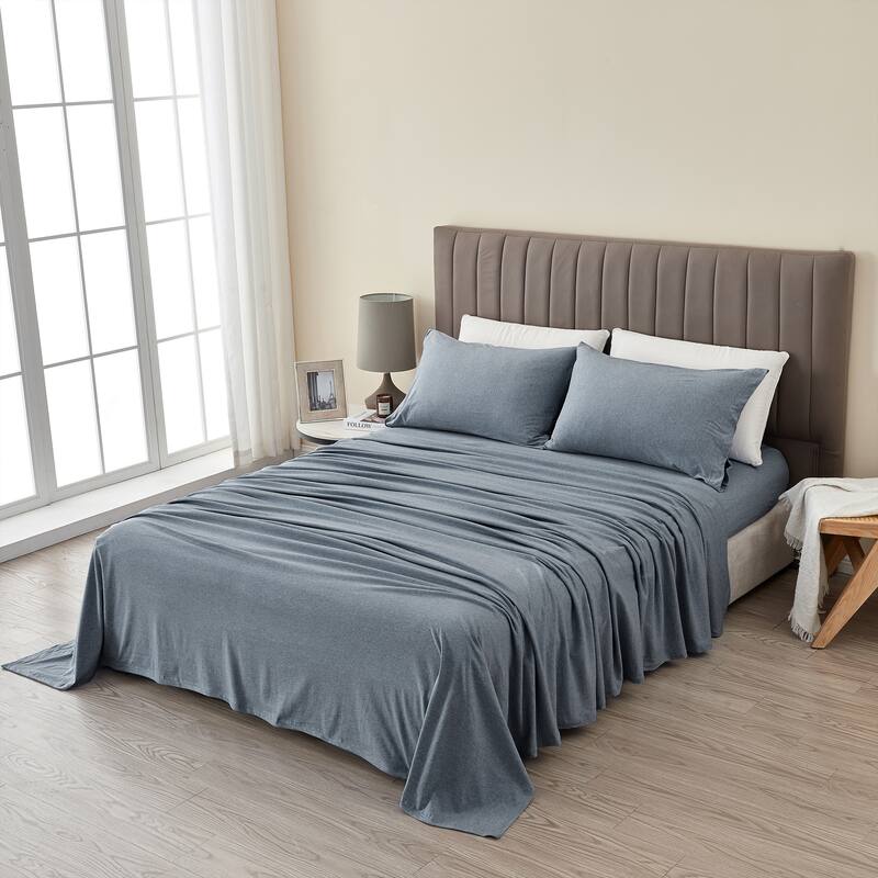 Premium Heathered Melange T-Shirt Jersey Knit Sheet Set - Twin XL - Heathered Denim Blue