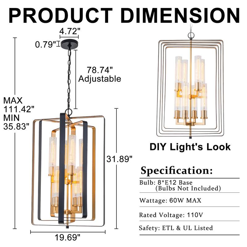 19.7" 8-Light Modern Black Gold Pendant Light with Ribbed Glass Tubes - Dia.19.5-in