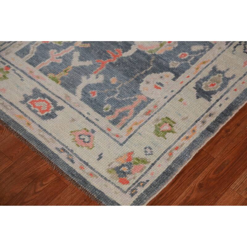 Hand Knotted Oriental 100% Wool Carpet Transitional Floral Navy Blue & Blues Oushak Runner Rug - 8' 10'' X 3' 0''