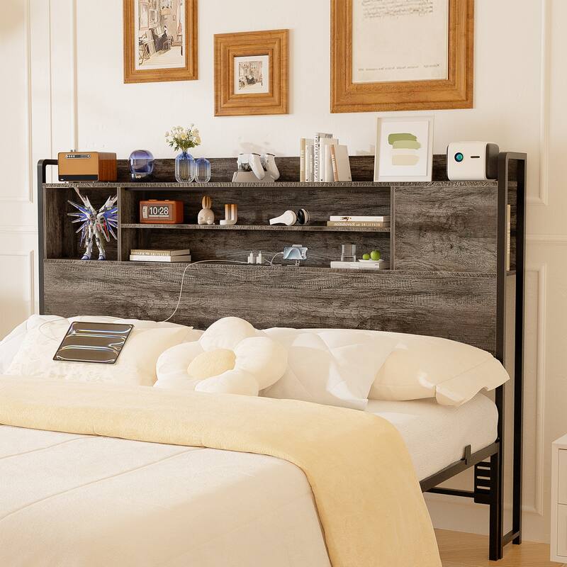 Storage Headboards with Power Outlet and LED Light, Head board with Storage Shelves for Bed Frame - Grey Oak - Full