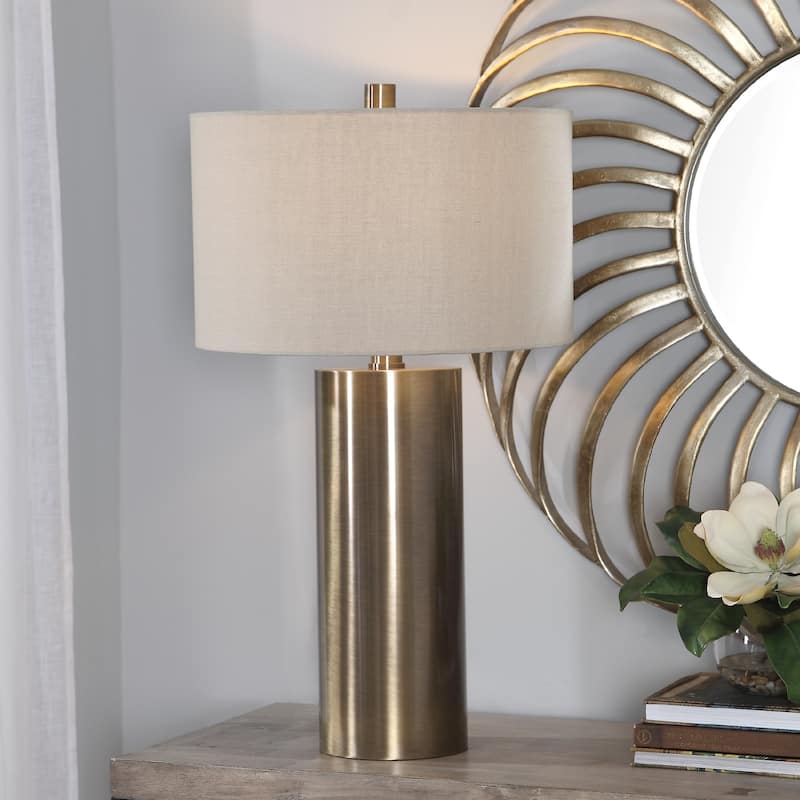 Cylindrical Base Table Lamp with Beige Drum Shade - 31.5" - Brass Finish
