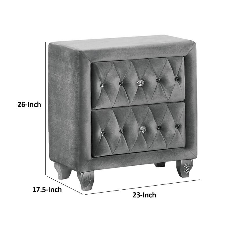 Rea Nightstand, 26 Inch, 2 Drawers, Button Tufted Gray Fabric