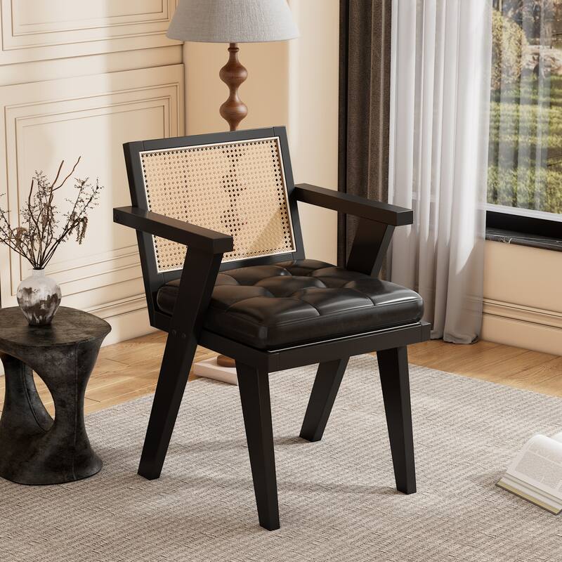 Mid-Century Modern Chair Accent Chair with Handcrafted Rattan Backrest and Padded Seat - 25.30" L x 22.80" W x 31.60" H