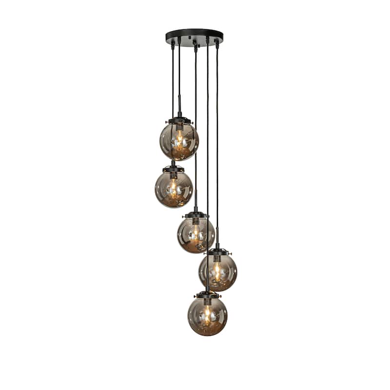 Modern Staircase Globe Bubble Glass Linear Chandelier 5-Lights Corner Pendant Light - H 59" - Black