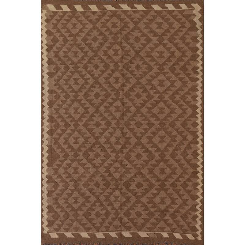 Brown Kilim Oriental Area Rug Flat-weave Reversible Wool Carpet - 5'3" x 7'8"