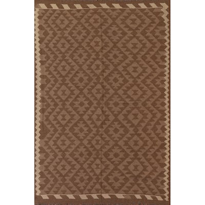 Brown Kilim Oriental Area Rug Flat-weave Reversible Wool Carpet - 5'3" x 7'8"
