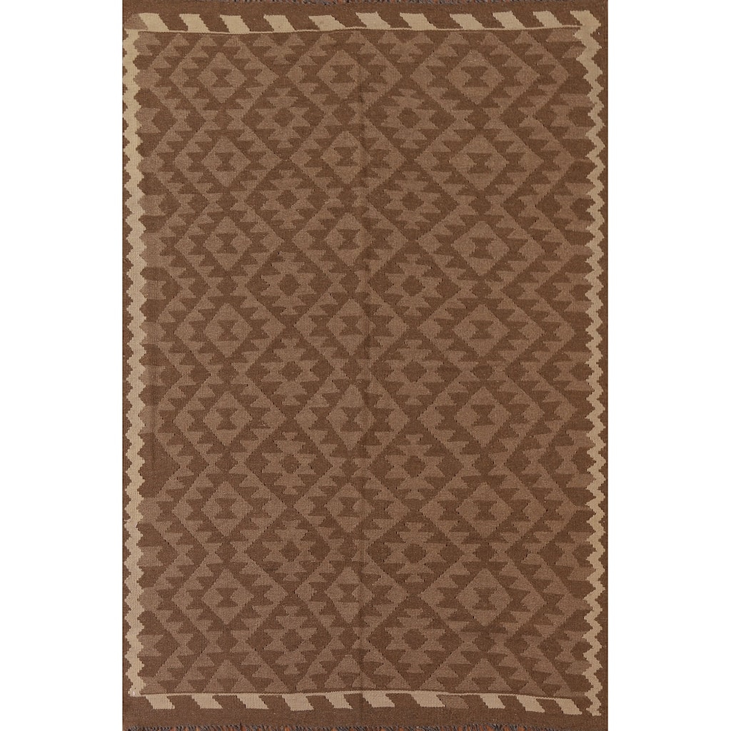 Brown Kilim Oriental Area Rug Flat-weave Reversible Wool Carpet - 5'3" x 7'8"