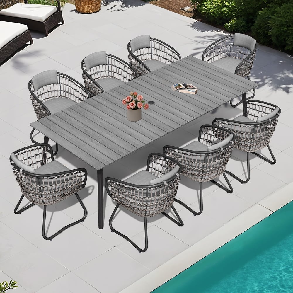 Outdoor 9PC- Patio Rectangular Aluminum Dining Table Sets with Umbrella Hole with Rattan Chair