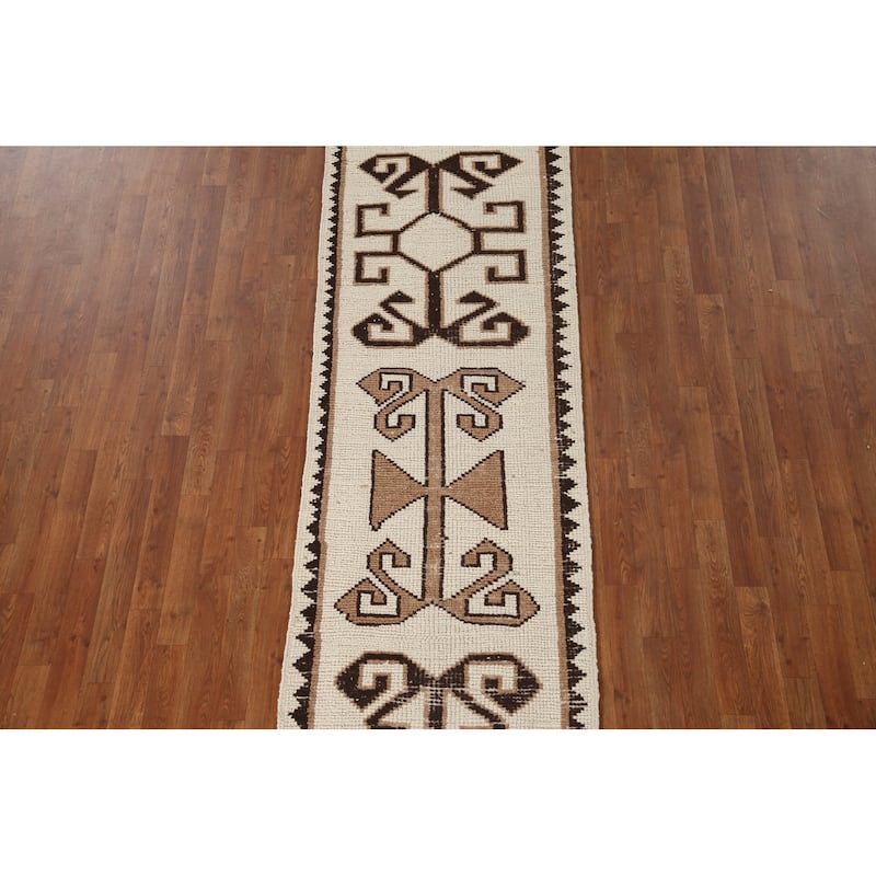 Natural Dye Ivory Anatolian Turkish Runner Rug Handmade Wool Carpet - 2'7"x 11'9"