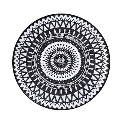 NUU GARDEN Black/ White Indoor/Outdoor Kaleidoscope Round Area Rug