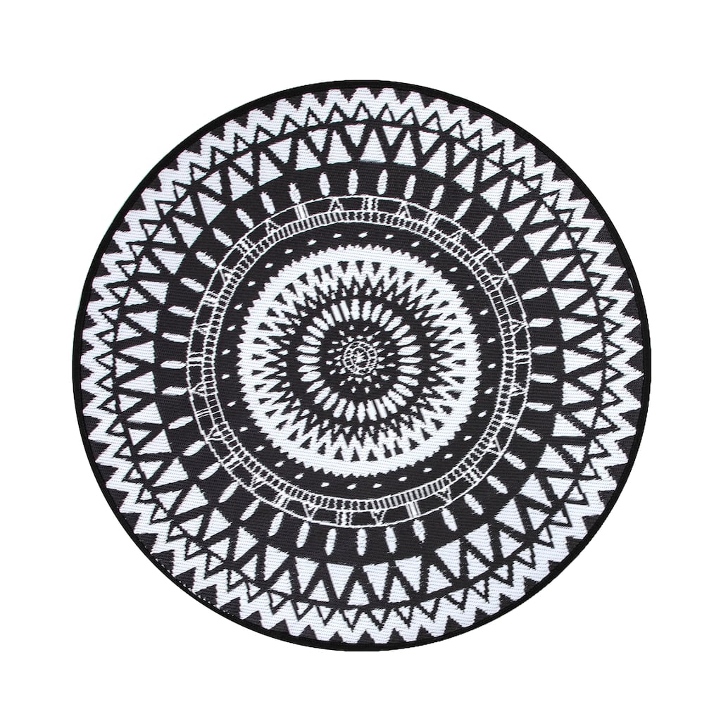 NUU GARDEN Black/ White Indoor/Outdoor Kaleidoscope Round Area Rug