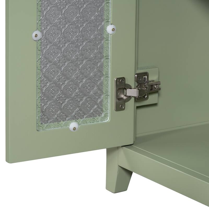 36" Green Bathroom Vanity with Ceramic Sink, Gold Metal Handles, Patterned Glass Doors, 3 Drawers & Adjustable Shelf