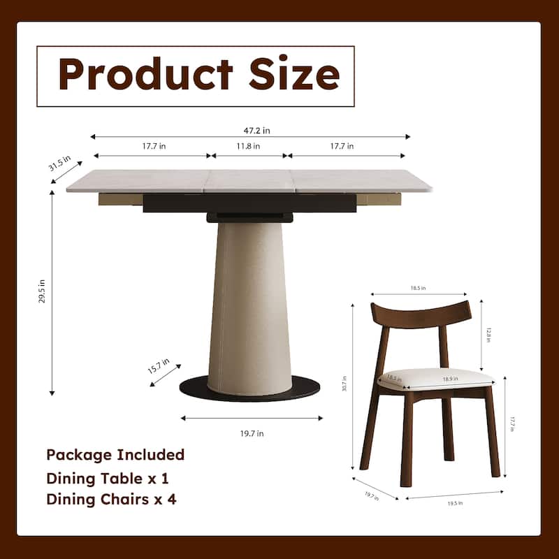 Retractable Rock Slab Dining Table Set, Modern 5-Piece Expandable Table with 4 Wooden Leg Chairs & Leather-Wrapped Base