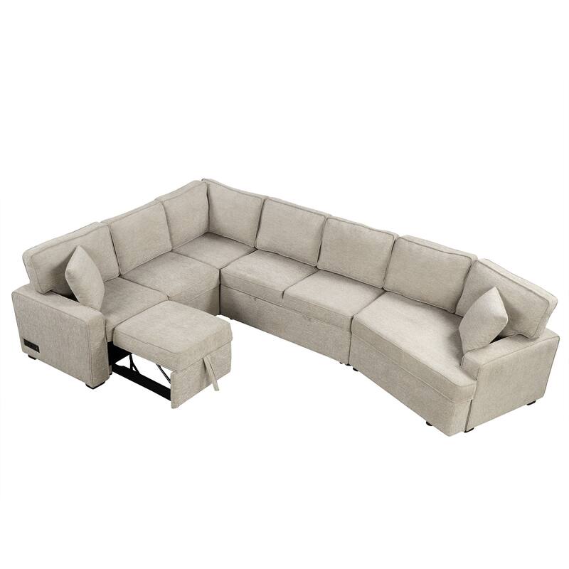 Beige 126" L-Shaped 6-Seater Sectional Sofa with Pull-Out Bed, USB Charging Ports, and Drop-Down Cup Holder Tables