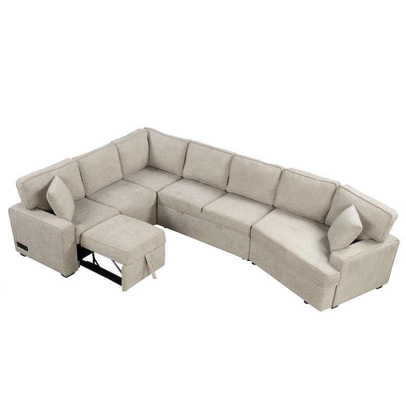 Modern 126" L-Shaped Sofa with Sleeper Bed, Cup Holders, and Power Outlets